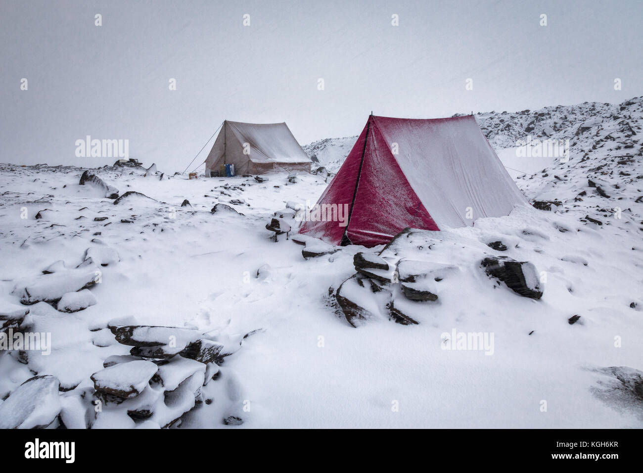 Surviving inside the tents in this crazy long snow blizzard at the base of Auden's Col, Uttarakhand Stock Photo