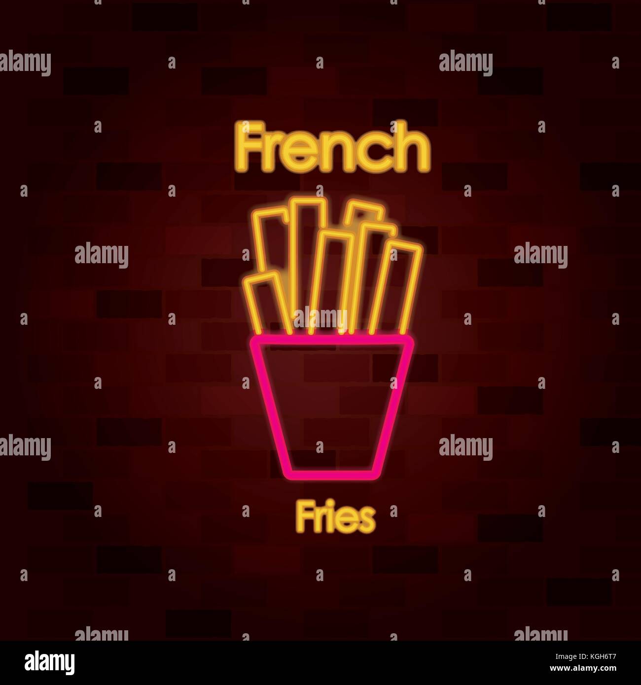 french fries on neon sign on brick wall Stock Vector