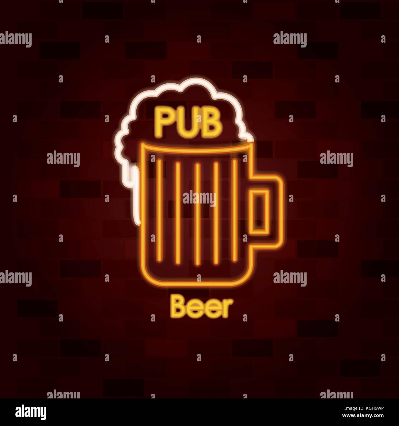 pub beer on neon sign on brick wall Stock Vector