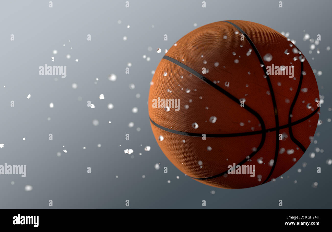 A dirty basket ball caught in slow motion flying through the air scattering water particles in its wake - 3D render Stock Photo
