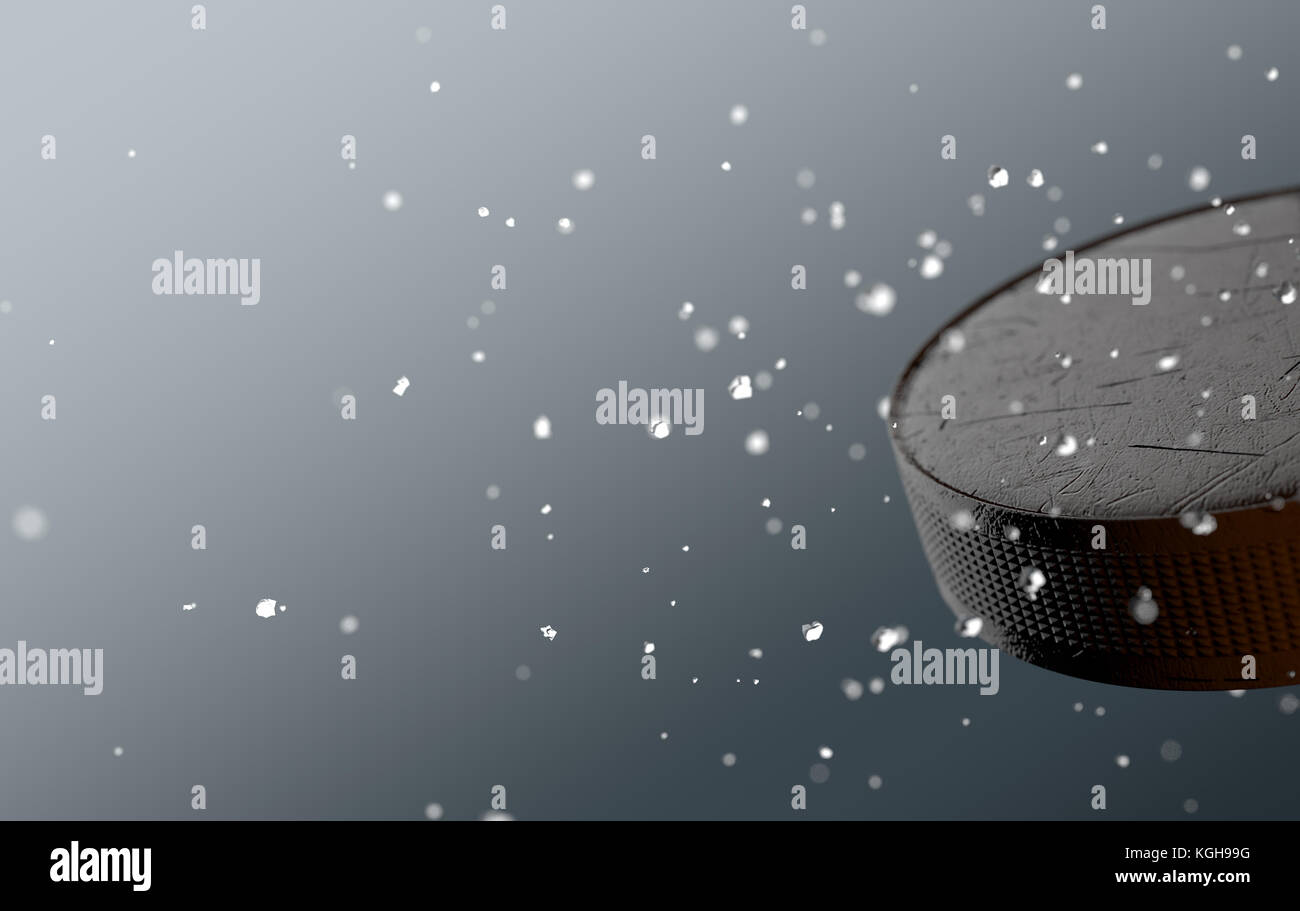 A scratched hockey puck caught in slow motion flying through the air