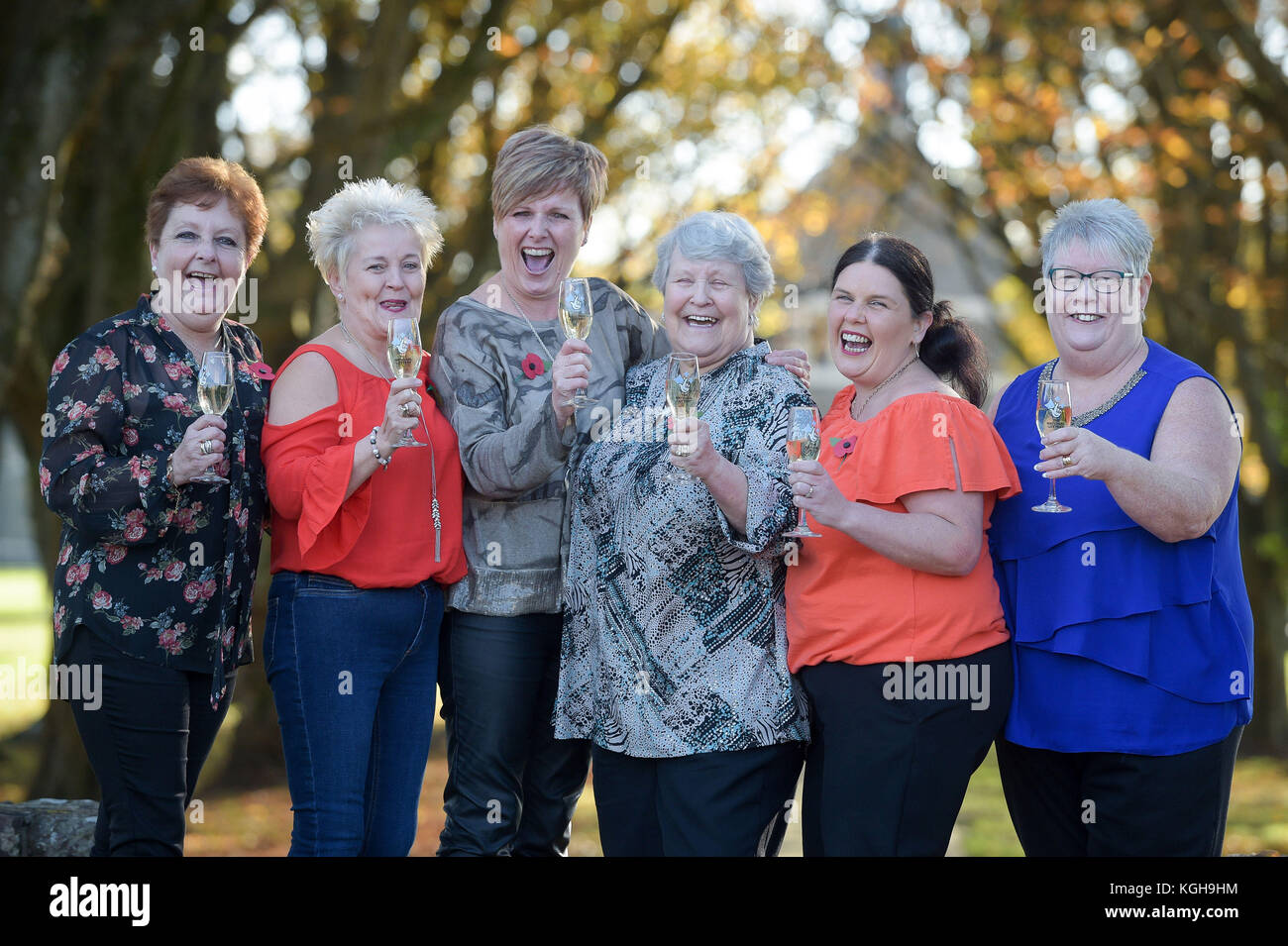 (From the left) Julie Saunders, 56, Doreen Thompson, 56, Julie Amphlett, 50, Jean Cairns, 73, Louise Ward, 37, and Sian Jones, 54, celebrate during a photocall at Hensol Castle, Hensol, after the six catering staff won £25 million on the National Lottery EuroMillions draw. Stock Photo