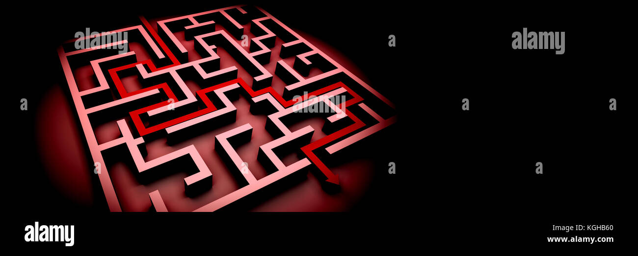 red maze structure on black background with arrow showing the path ...