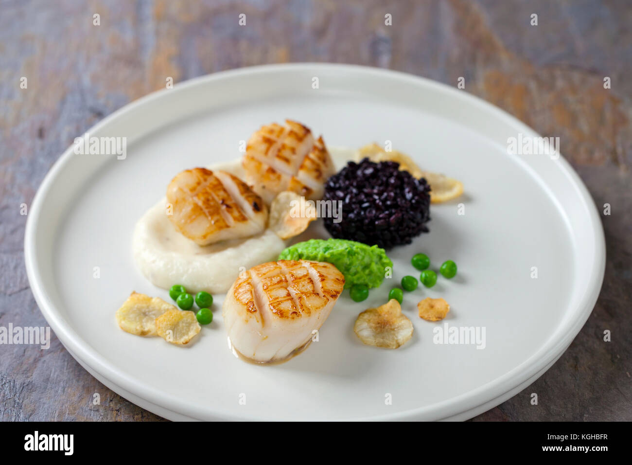 Scallops with jerusalem artichoke puree, black rice and pea mash Stock