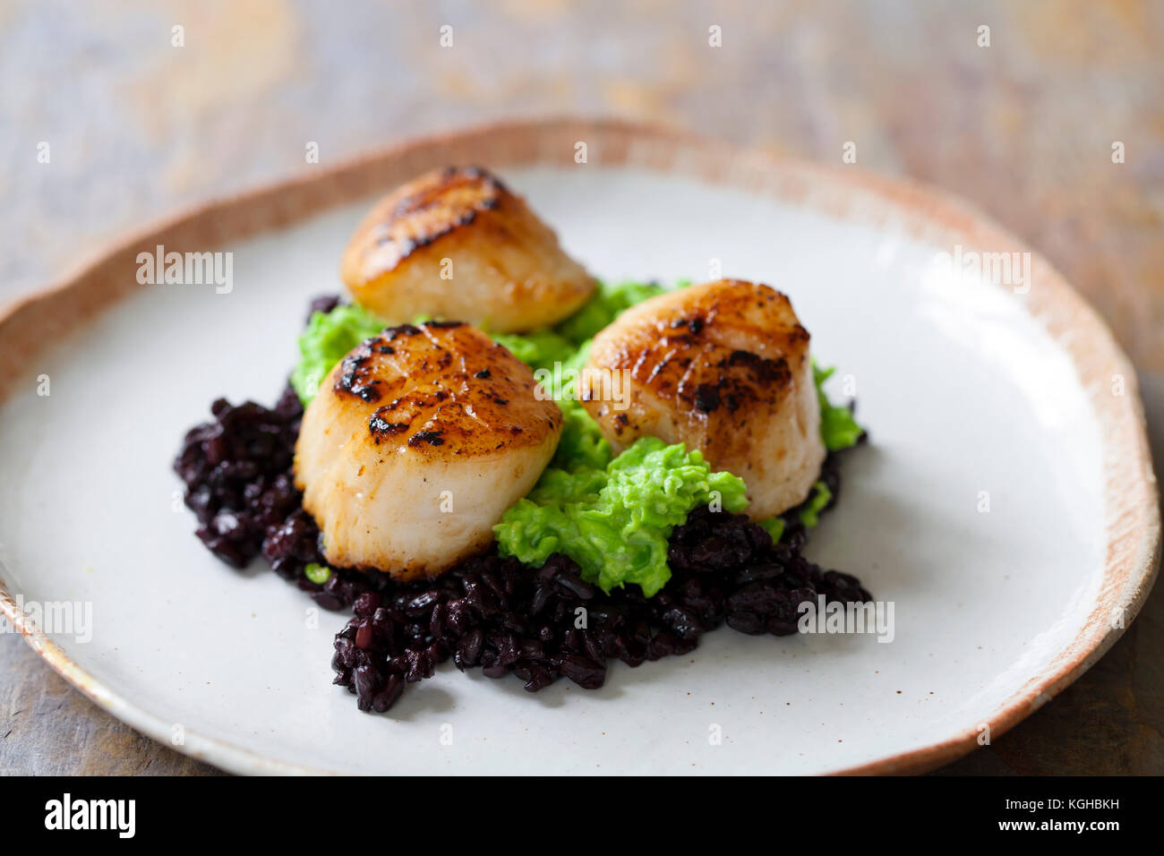 Scallops with black forbidden rice and pea puree Stock Photo Alamy