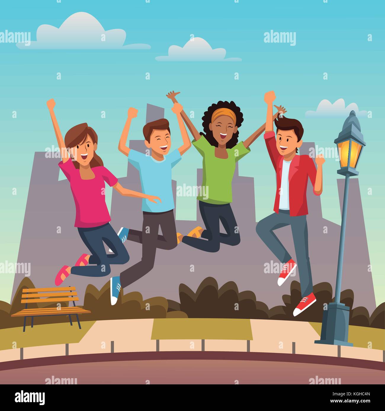 Friends jumping in the city Stock Vector Image & Art - Alamy
