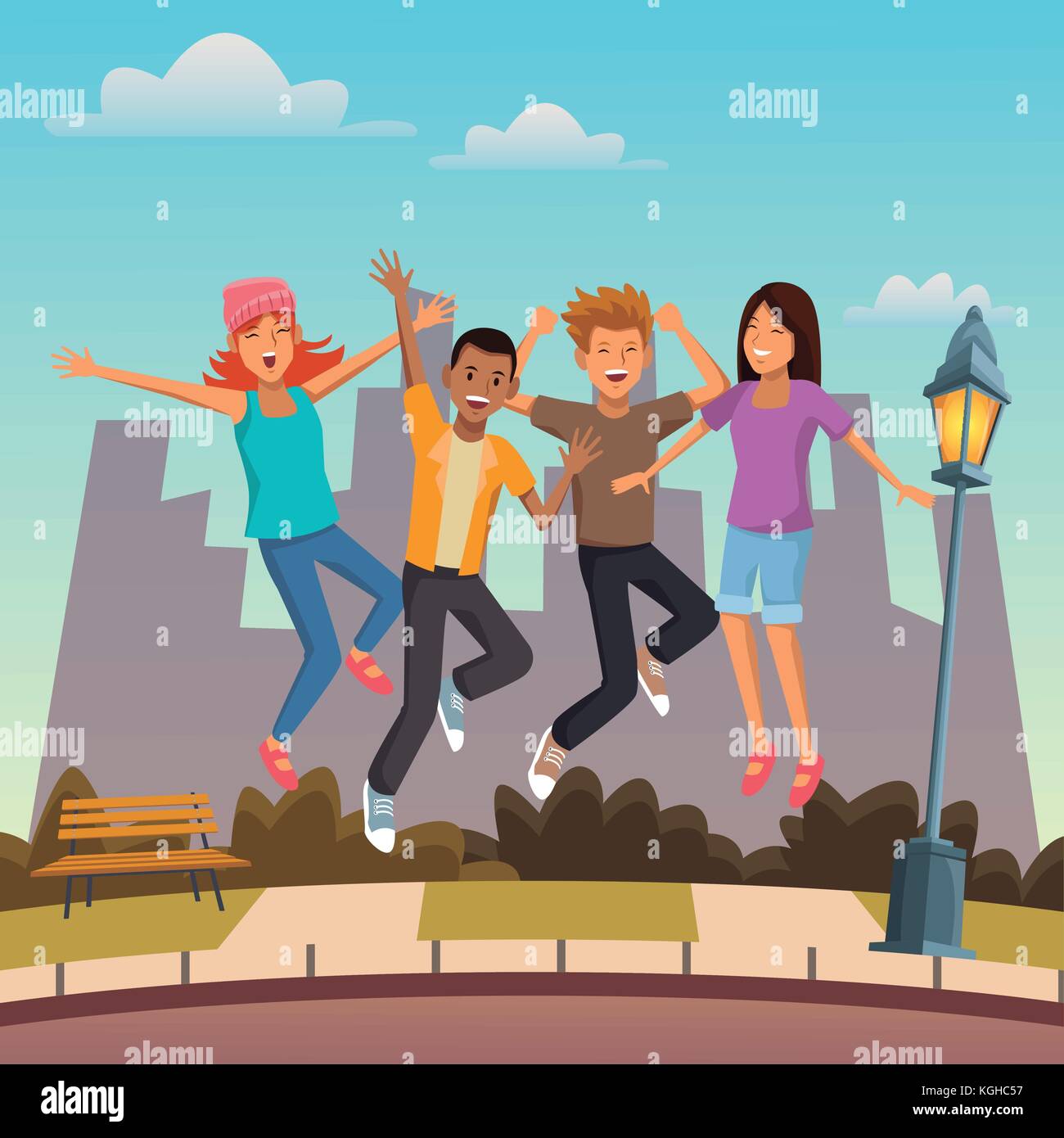 Friends jumping in the city Stock Vector Image & Art - Alamy