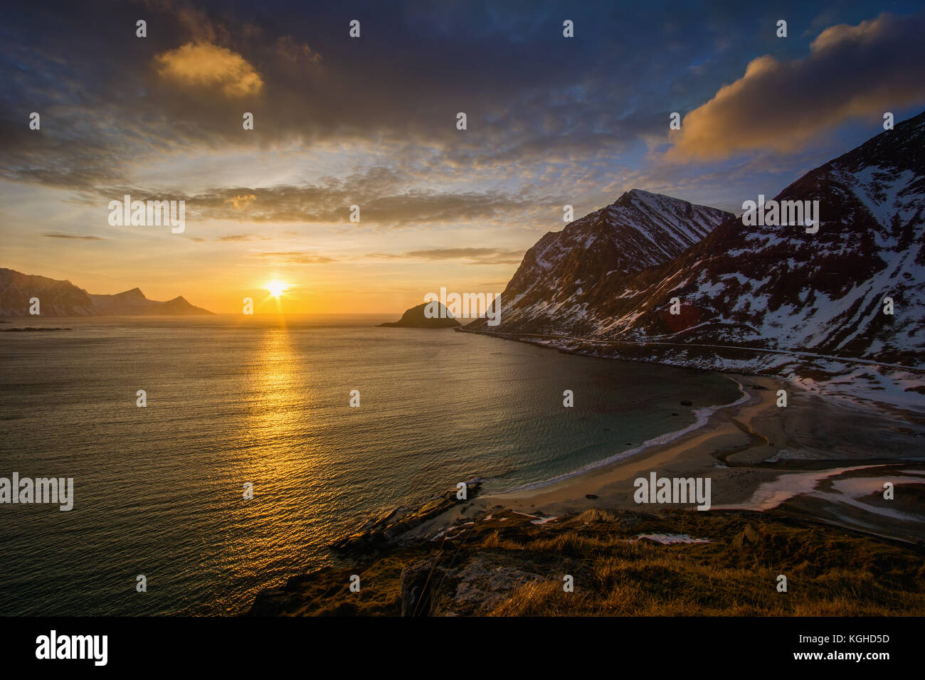 Haukland Beach coastline in sunset, Lofoten Stock Photo - Alamy