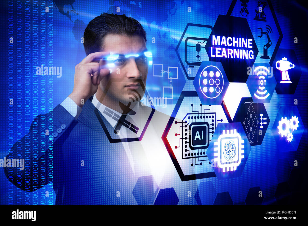 Businessman with futuristic glasses in machine learning concept Stock ...