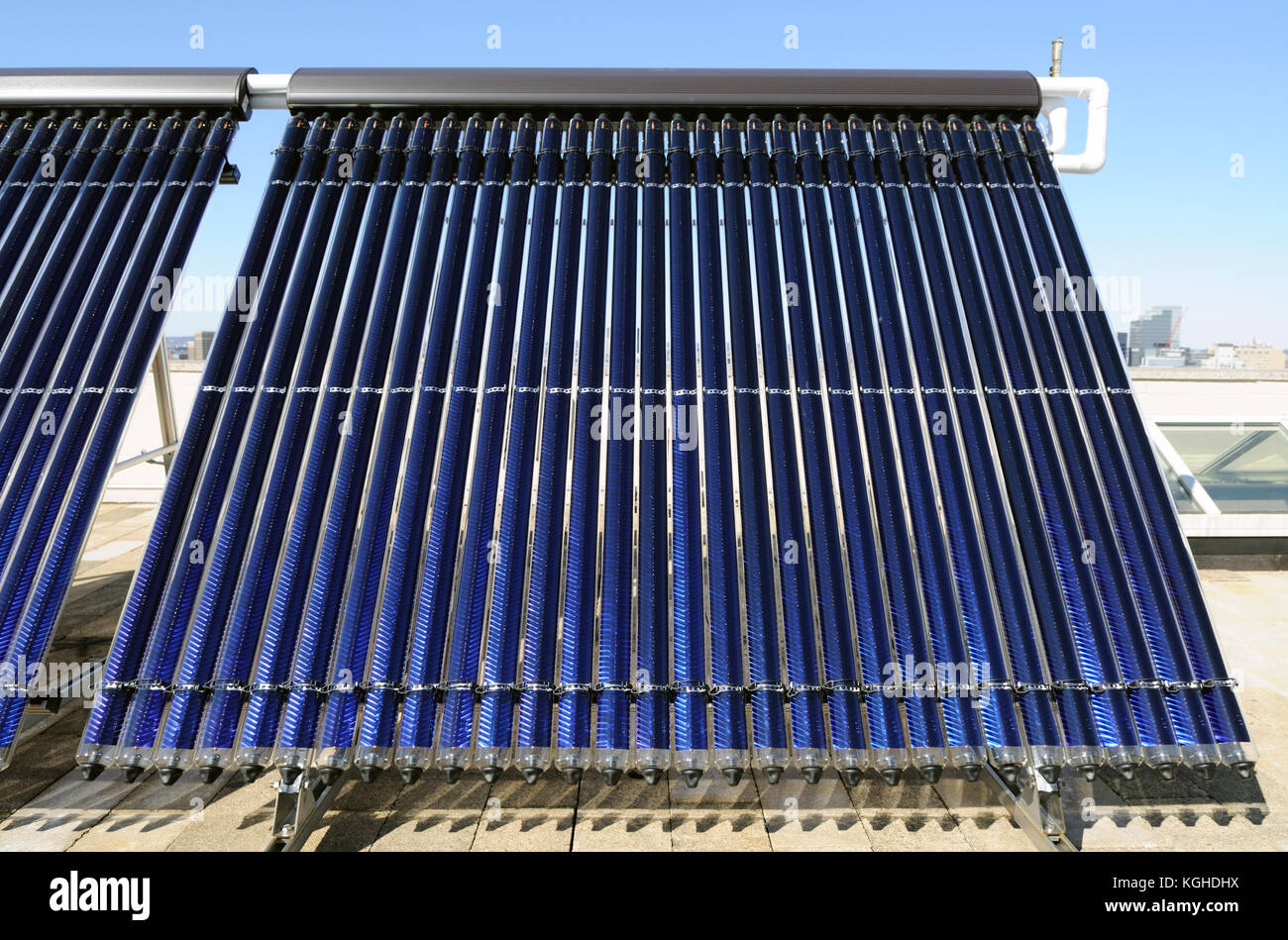Front view of evacuated tube solar collector panel Stock Photo