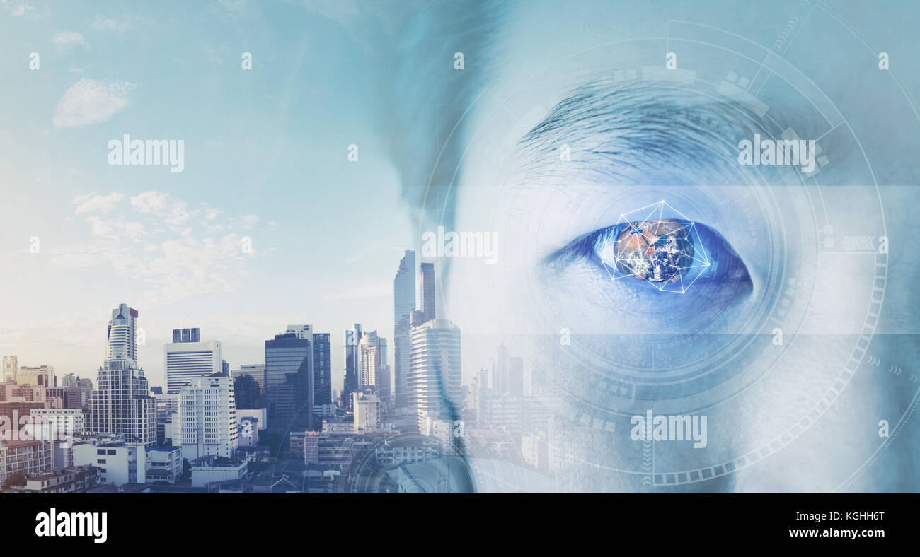 Double exposure, businessman's eye, with futuristic globe and technology graphic. Business vision concept.Elements of this image are furnished by NASA Stock Photo