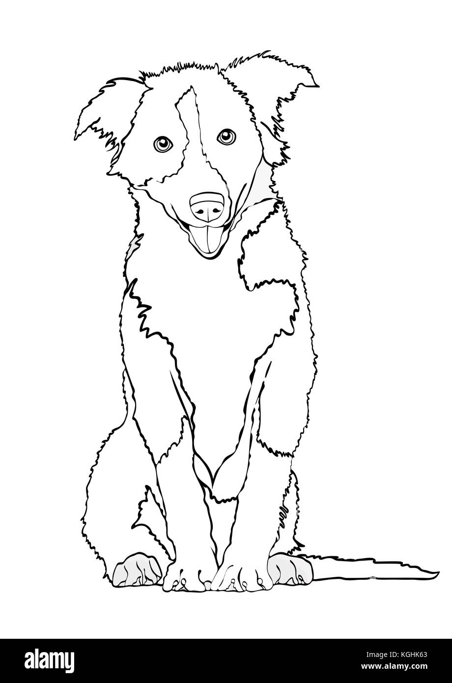 Dog vector outline drawing, sketch, coloring book. Black and white contour cartoon shaggy dog full-length isolated on white Stock Vector