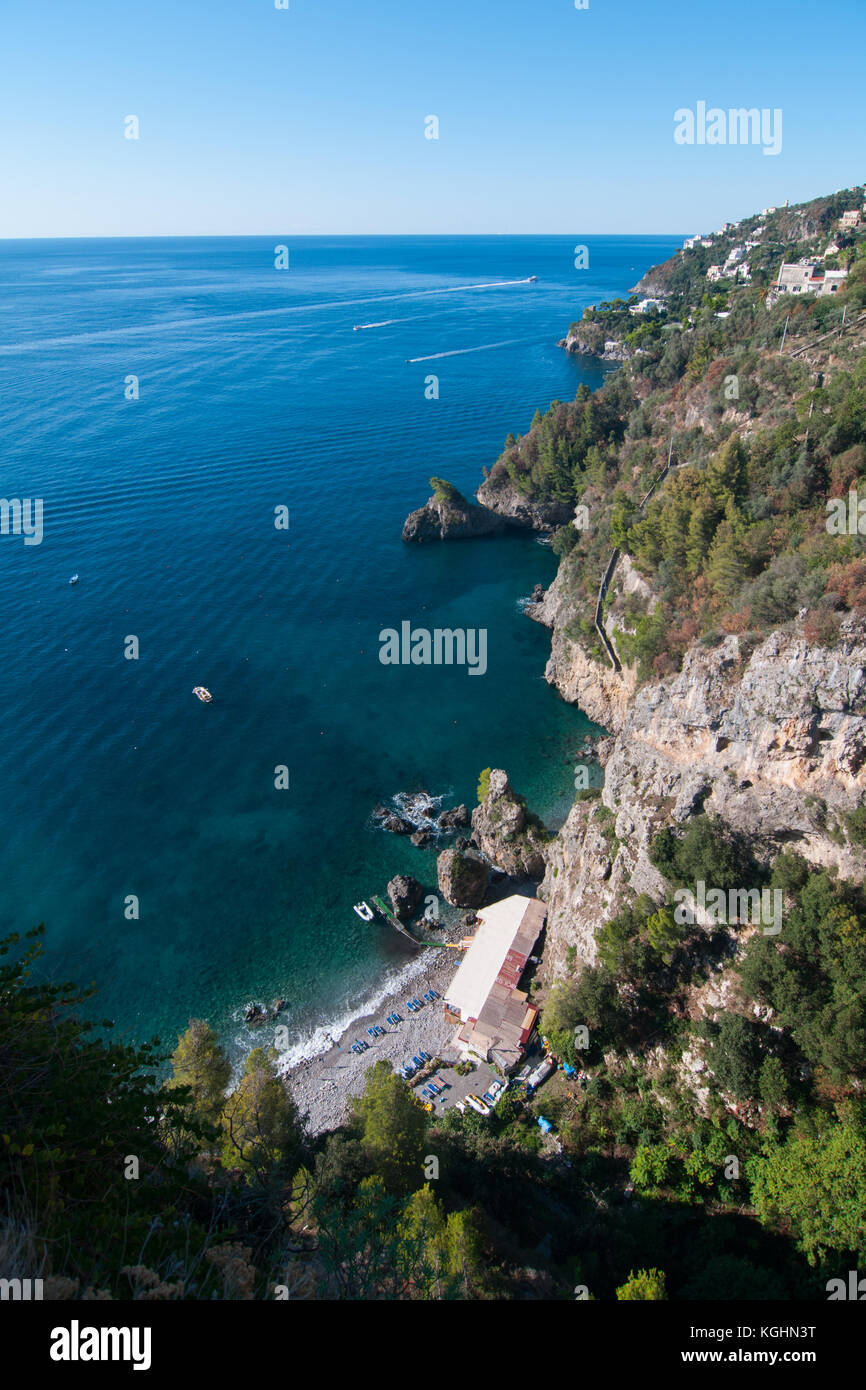 A view of the coast of Furore, Italy. Furore, located on the Amalfi coast, expands from sea level, where there is the hamlet of Fiordo di Furore, and  Stock Photo
