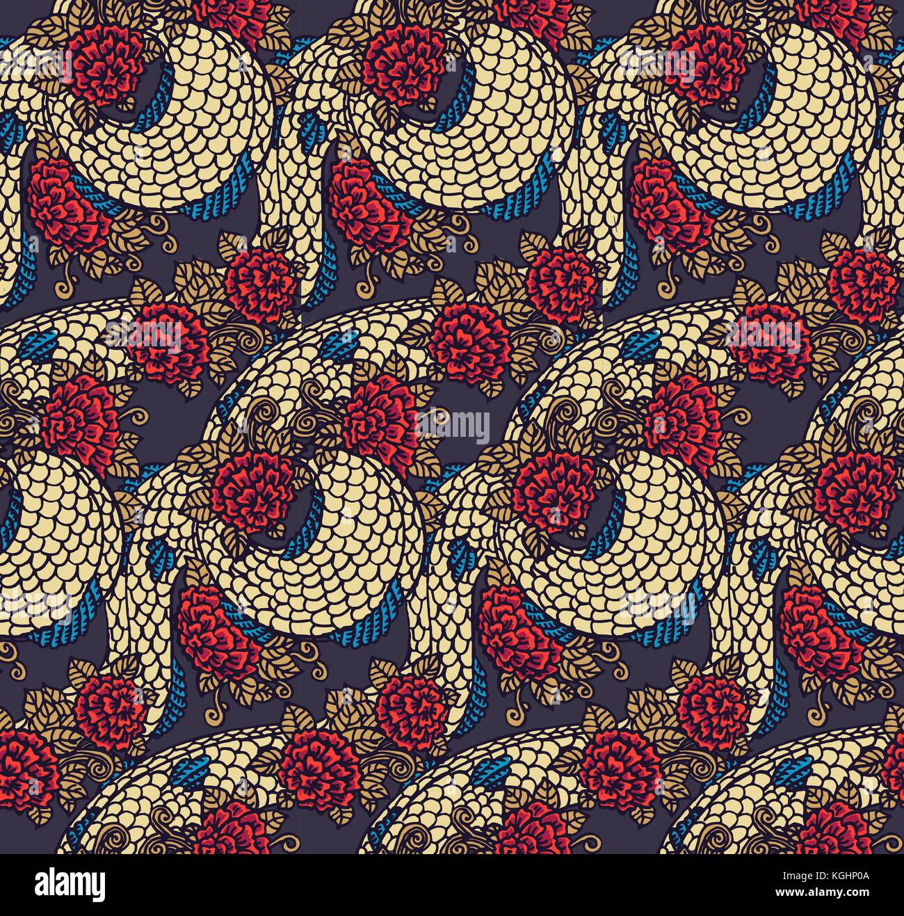 Vector seamless dragon and roses texture traditional asian chinese and japanese ornament