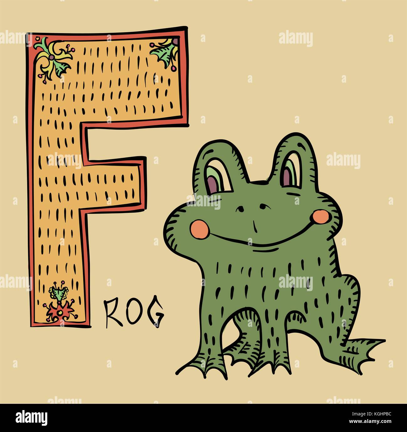 F for frog, folk russian lubok style alphabet Stock Vector