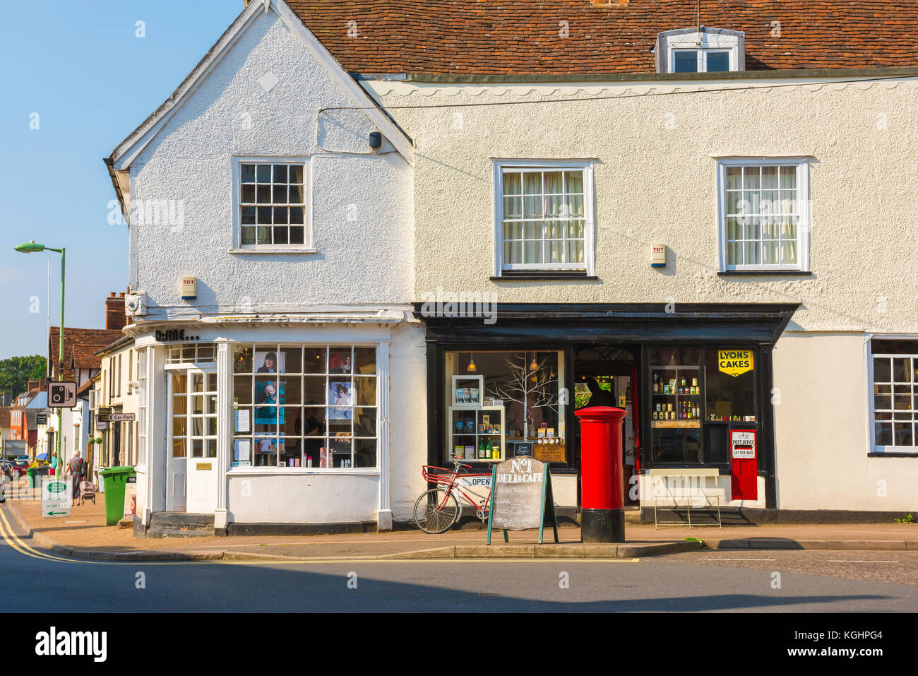 Clare Suffolk UK, view of traditional village shops and a post office along the High Street in Clare, Suffolk, England, Babergh district, UK. Stock Photo