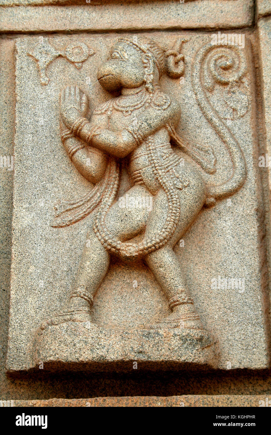 Lord Rama's disciple Anjaneya in humble gesture at Hazararama Temple, Hampi, Karnataka, India, Asia Stock Photo