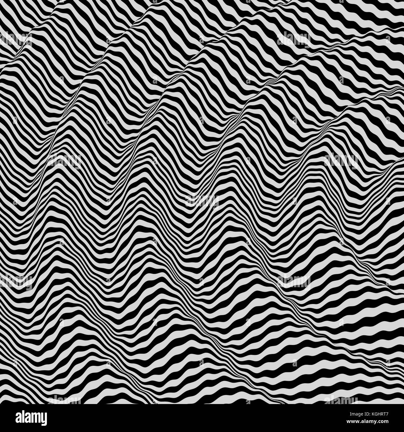 3D wavy background. Dynamic effect. Black and white design. Pattern with optical illusion. Vector illustration. Stock Vector