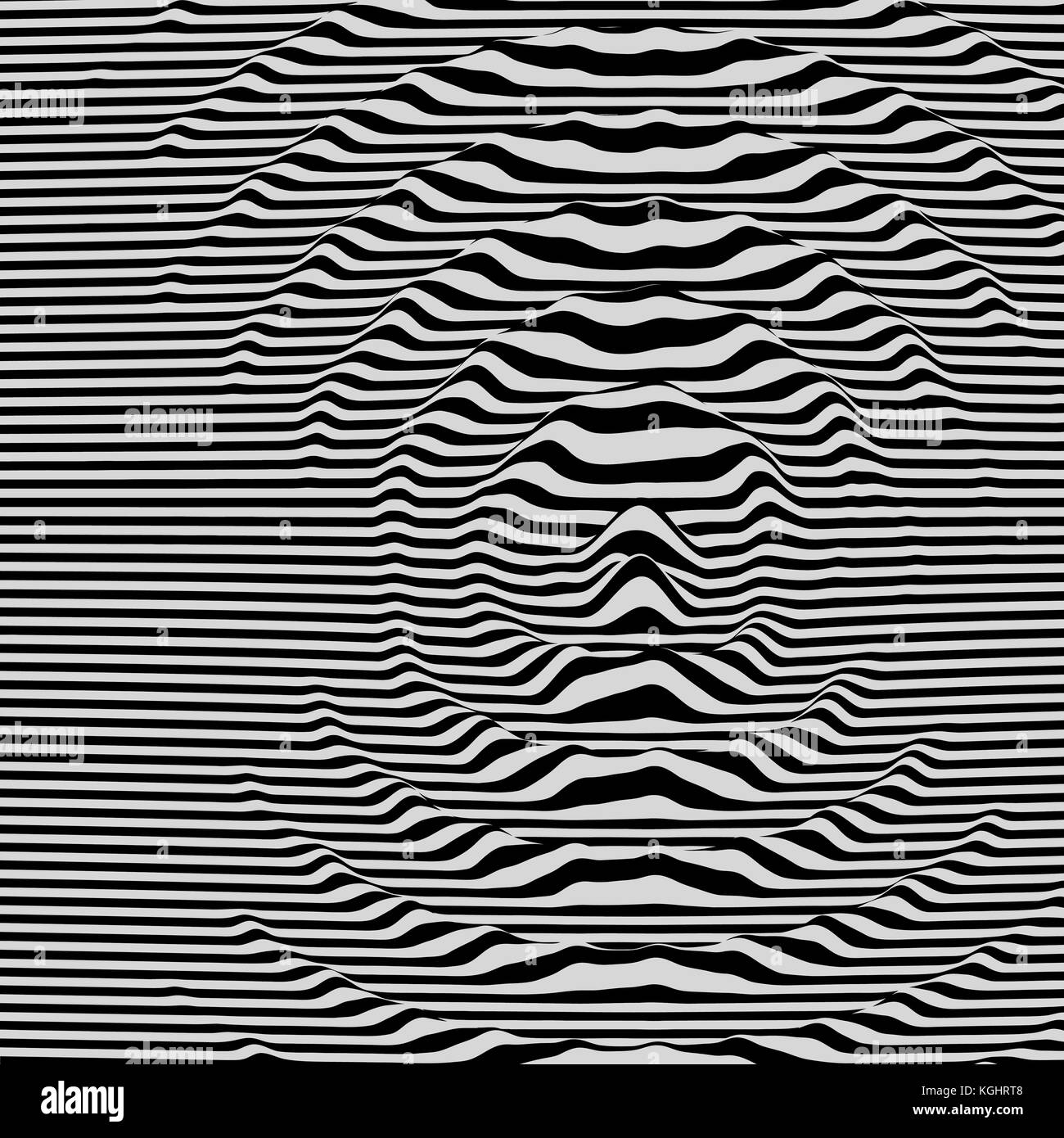 Waveform background. Dynamic visual effect. Surface distortion. Pattern with optical illusion. Vector striped illustration. Black and white sound wave Stock Vector