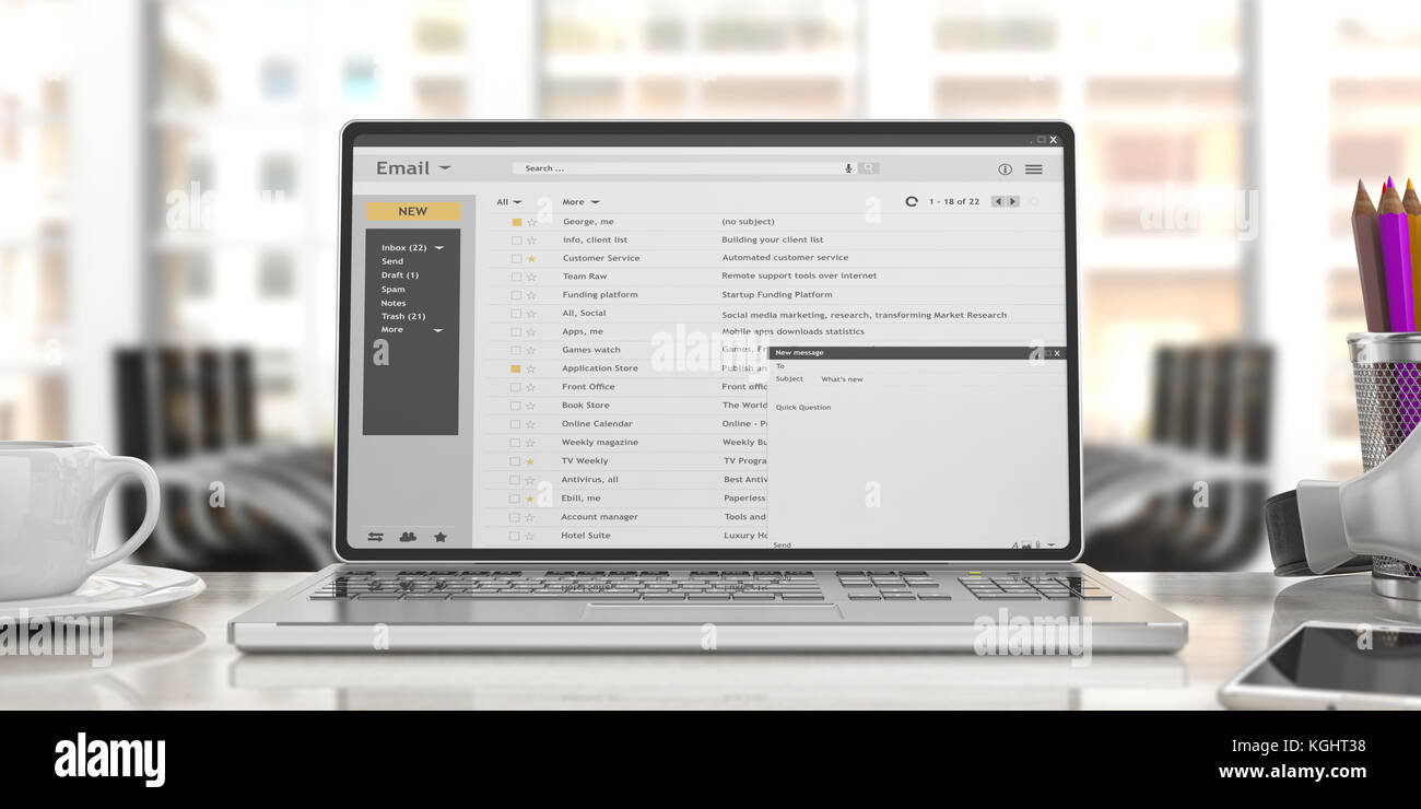 Emails list on a laptop screen isolated on an desk, office background