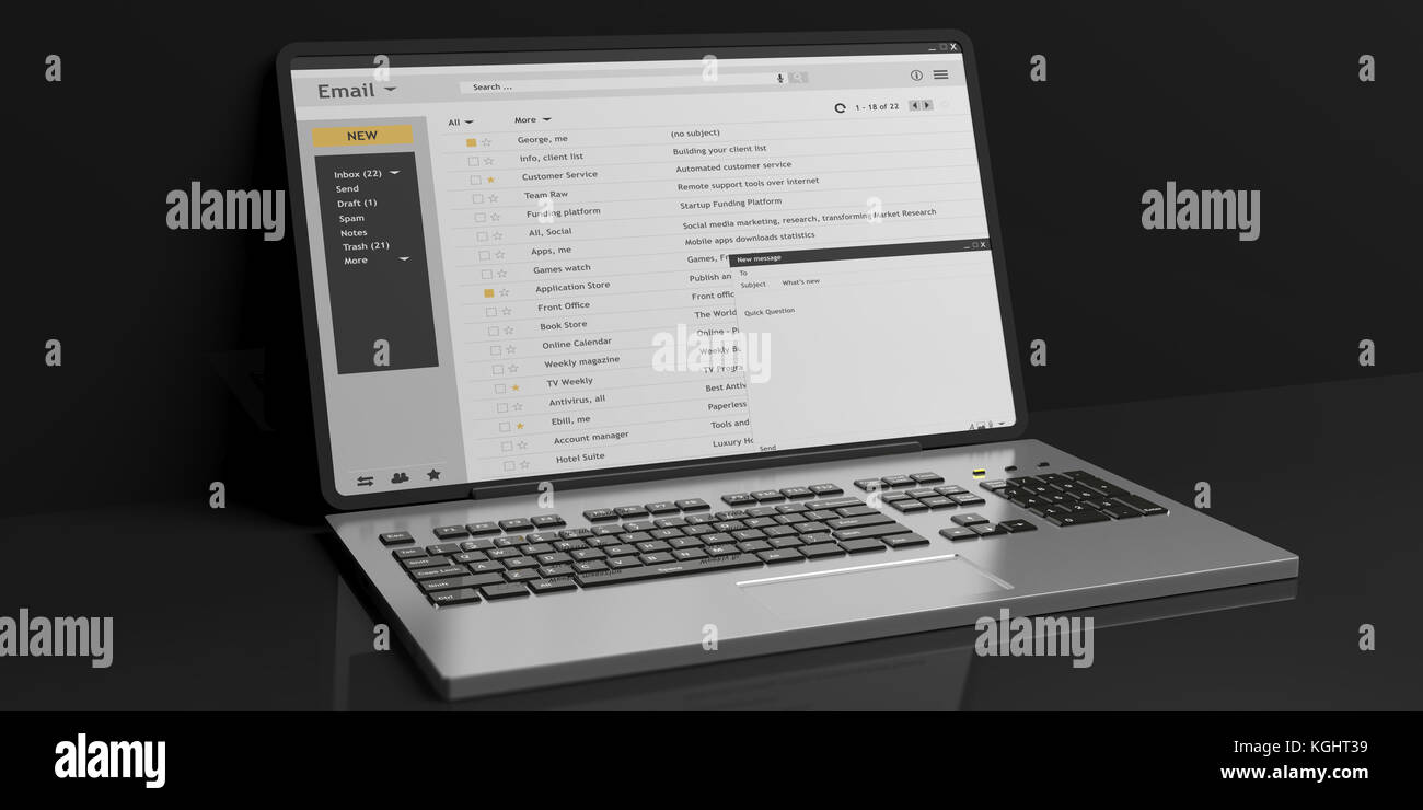 Emails list on a laptop screen isolated on black background. 3d