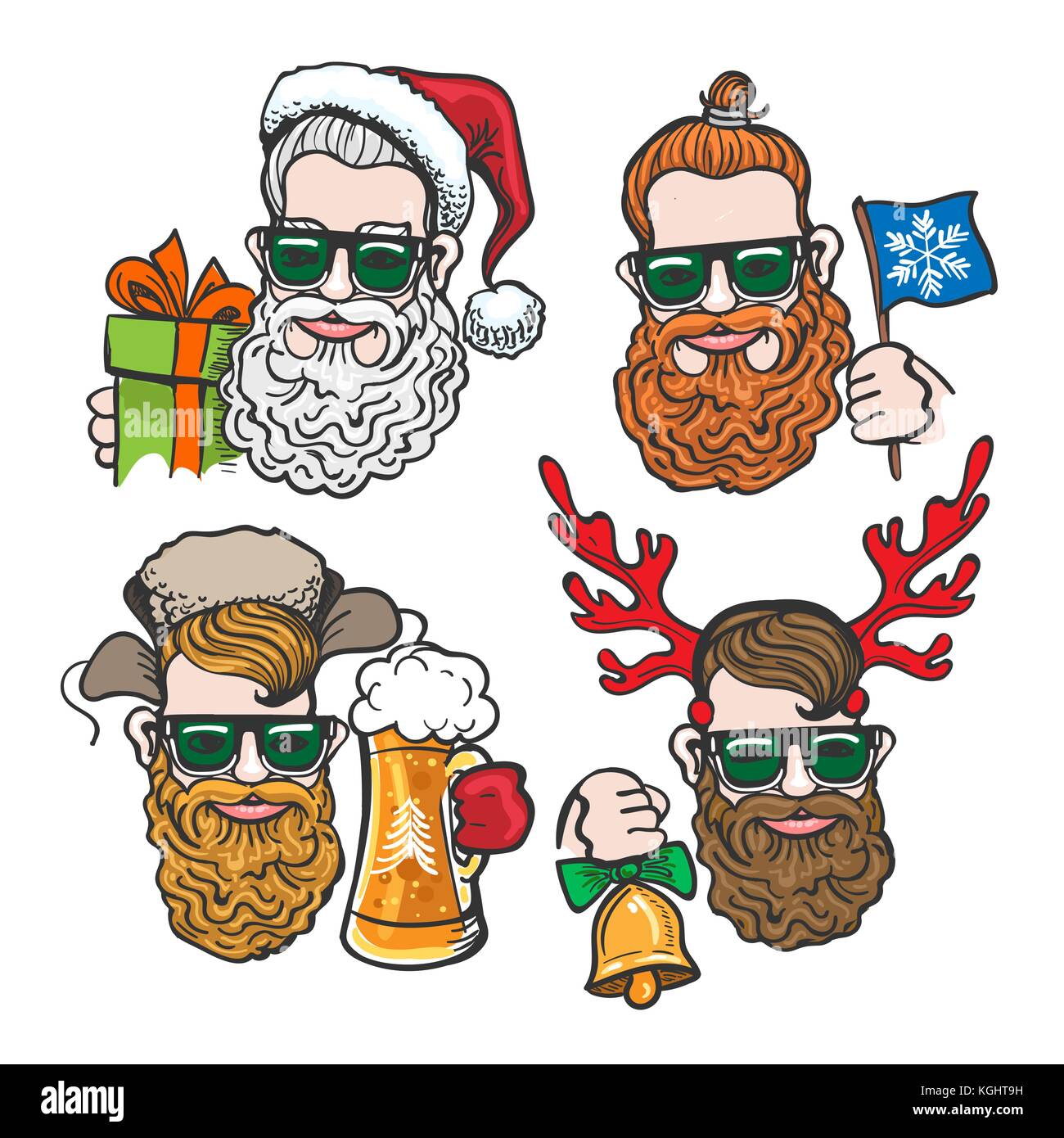 Hand drawn cartoon Hipsters with festive Christmas accessories isolated on white background. Vector illustration Stock Vector