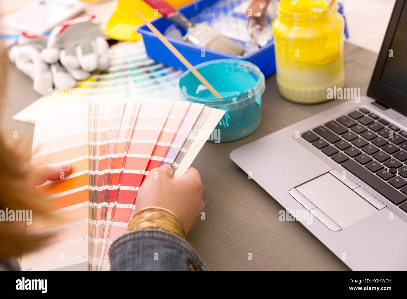 Interior design, renovation and decoration concept - woman working with color samples for selection Stock Photo