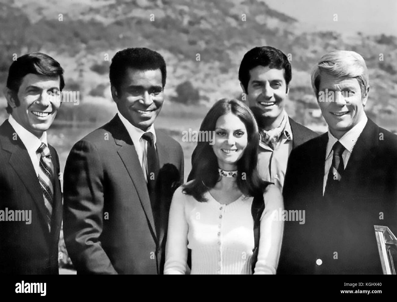 MISSION IMPOSSIBLE CBS TV series 1966-1973. Season 5 cast from left:  Leonard Nimoy, Greg Morris, Lesley Ann Warren, Peter Lupus, Peter Graves  Stock Photo - Alamy