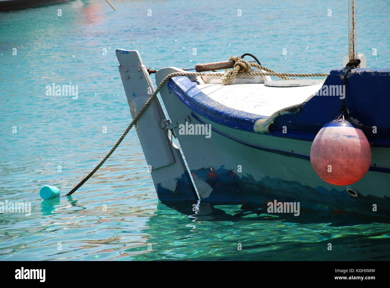 Greek Rudder The stern and rudder of a small fishing boat moored in Emborio harbour ...