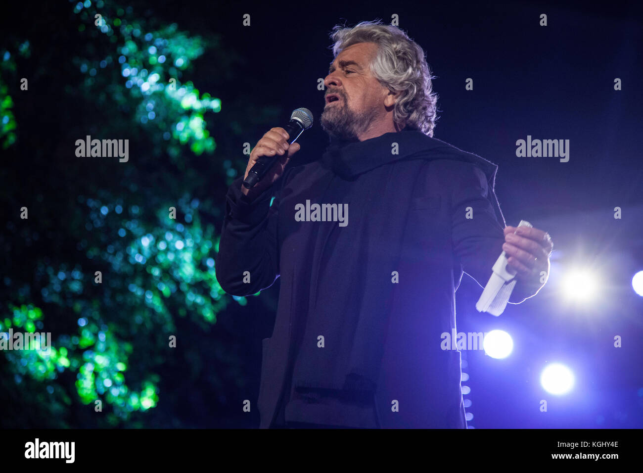 Beppe Grillo, political leader of the Five Stars Movement (M5S), speaks during a political rally before the Sicilian elections in Palermo (Italy). Stock Photo