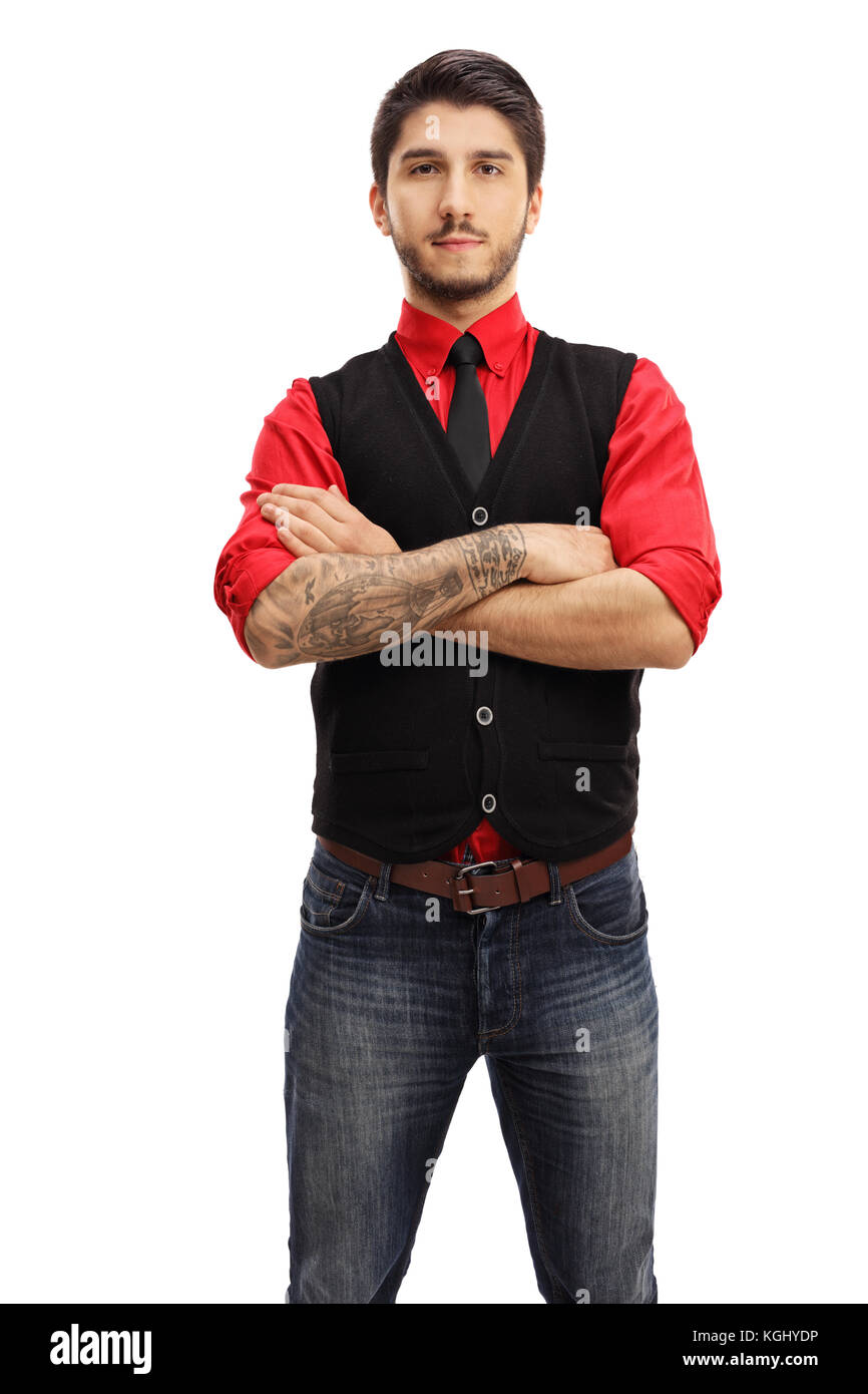 Tattooed guy with his arms crossed looking at the camera isolated on white background Stock Photo