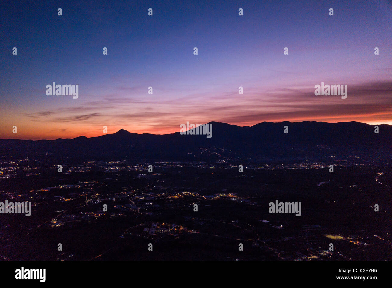 Aerial view of an incredible sunset behind the Italian mountains Stock ...
