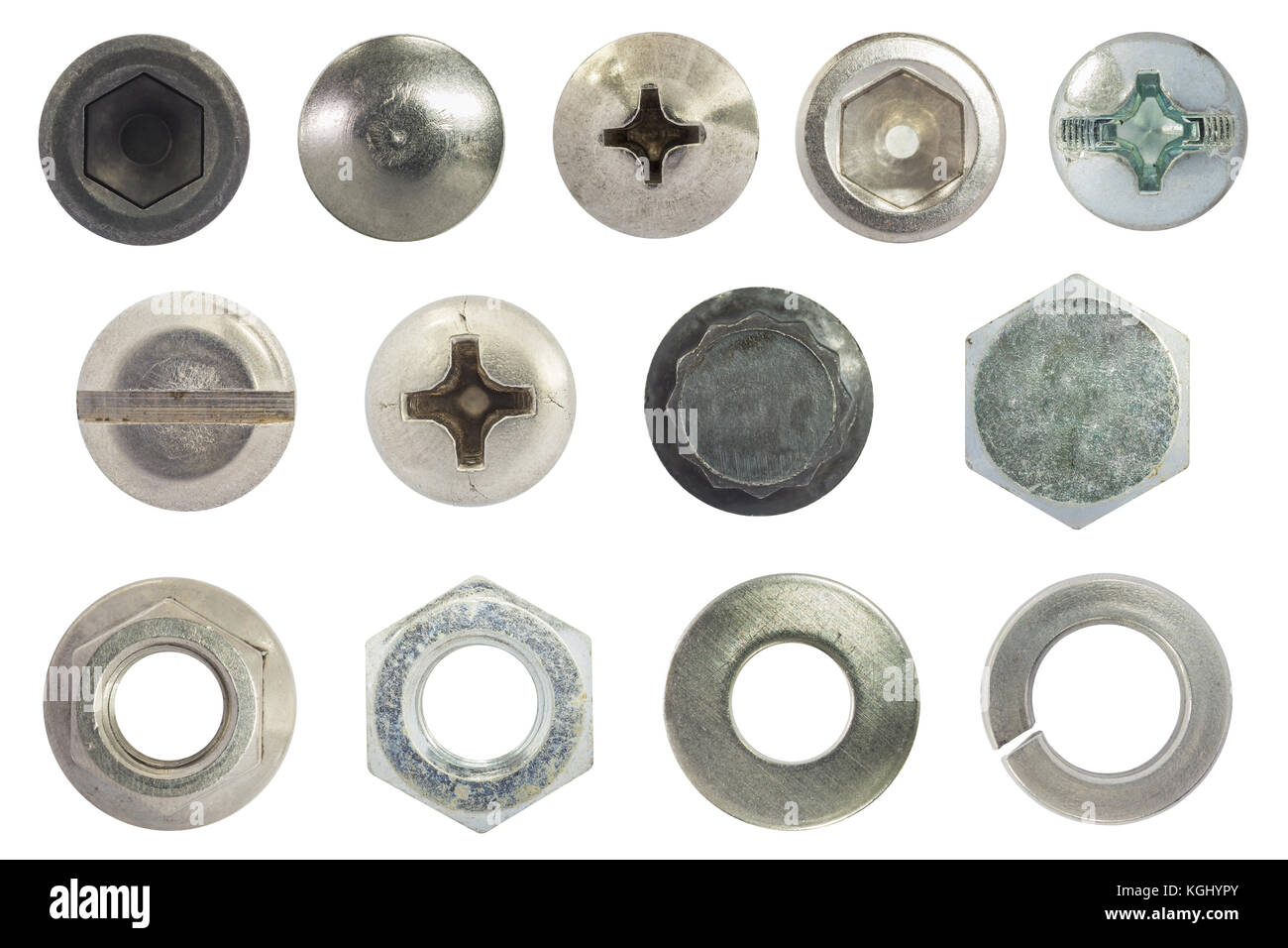 screw, bolt, stud, nut, washer and spring washer isolate on white with