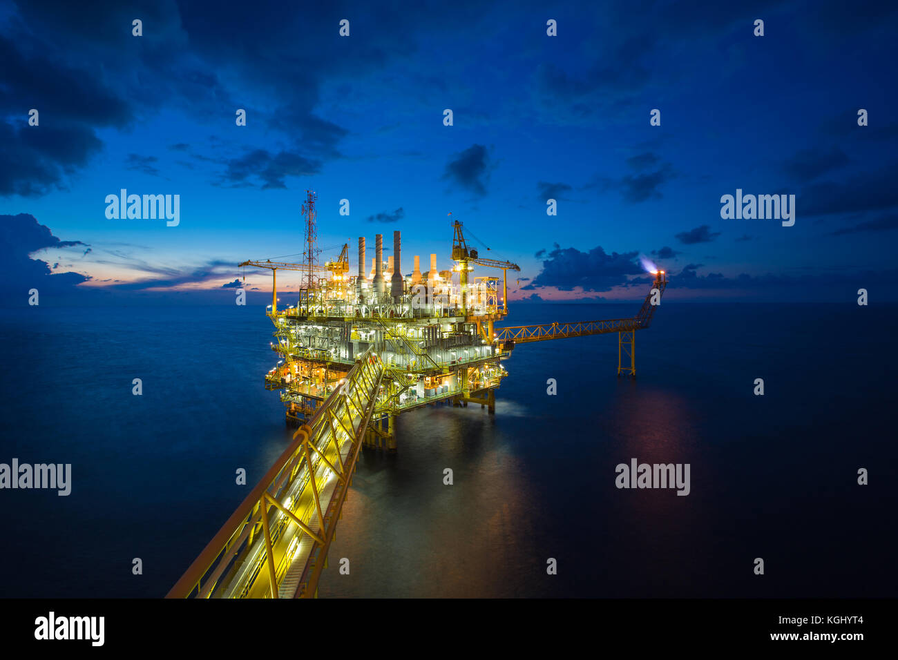 Oil and gas production platform, Oil and Gas  production and exploration business in the gulf of Thailand. Stock Photo