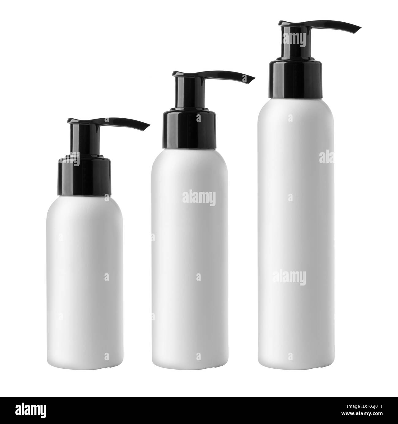 Bottles of moisturizer standing on white background Stock Photo