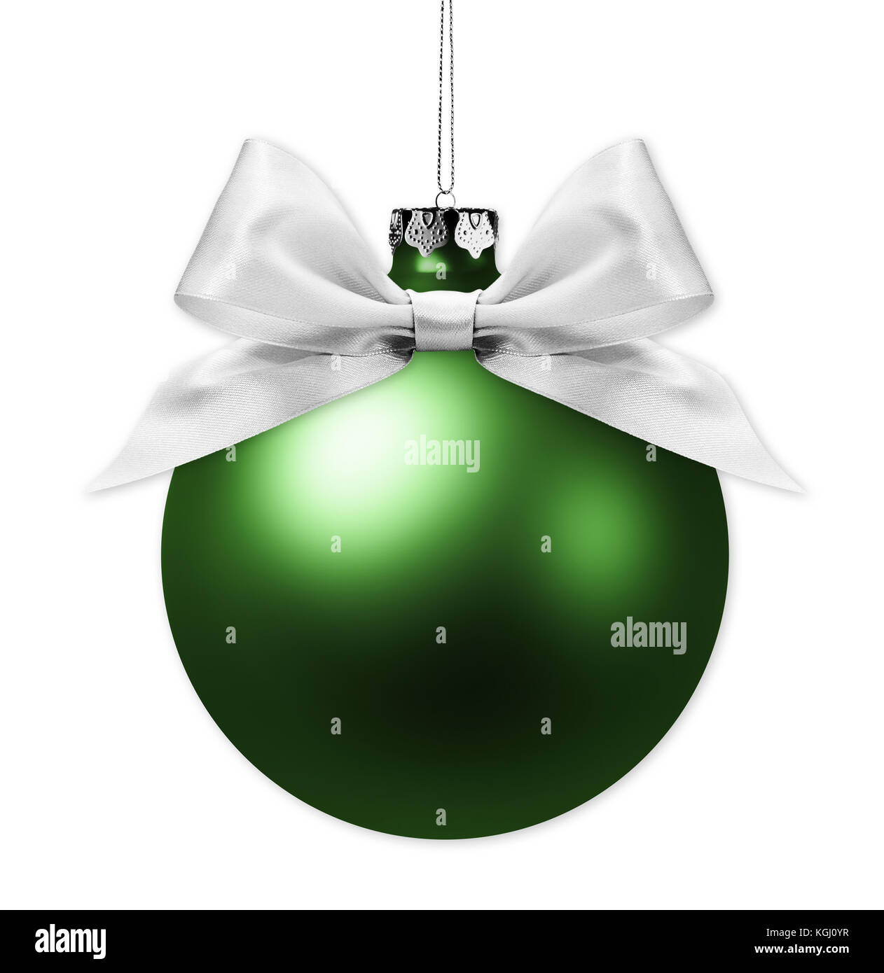 christmas green ball isolated on white background with silver ribbon ...