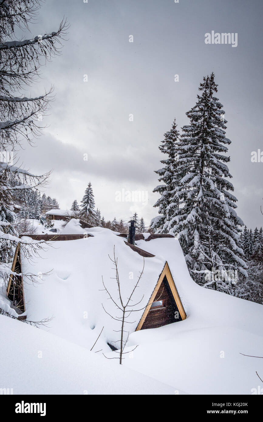 Cute little chalet in a snowy forest Stock Photo