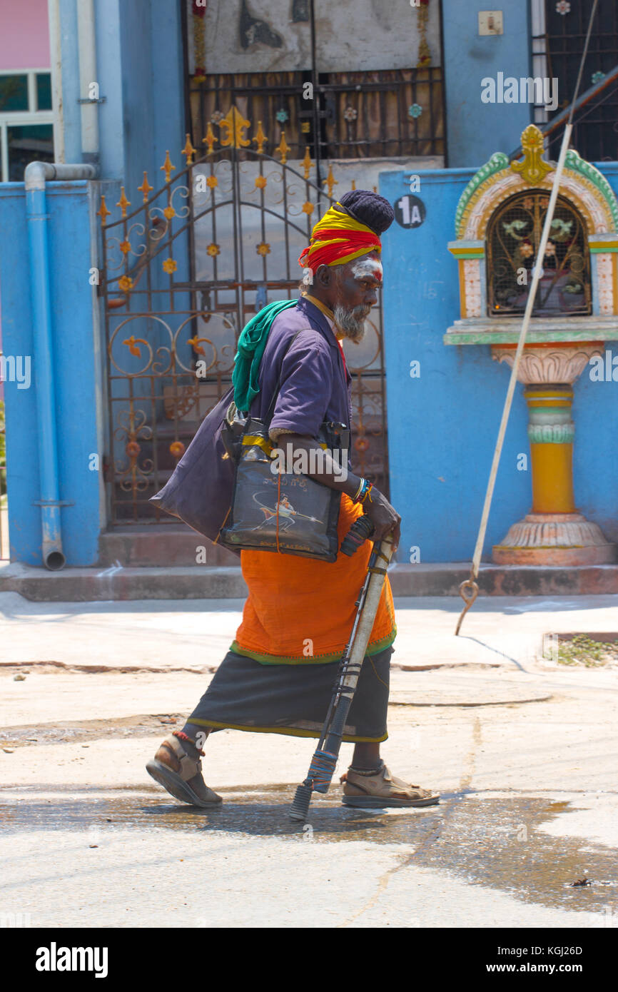 Kanchipuram, Tamil Nadu, India, March 19, 2015: Unidentified old sadhu men India street. Stock Photo