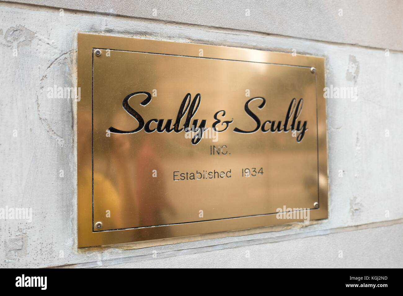 Engraved signage for the luxury home furnishings store Scully and Scully on Park Avenue on the Upper East Side of Manhattan, New York City, New York, September 14, 2017. Stock Photo