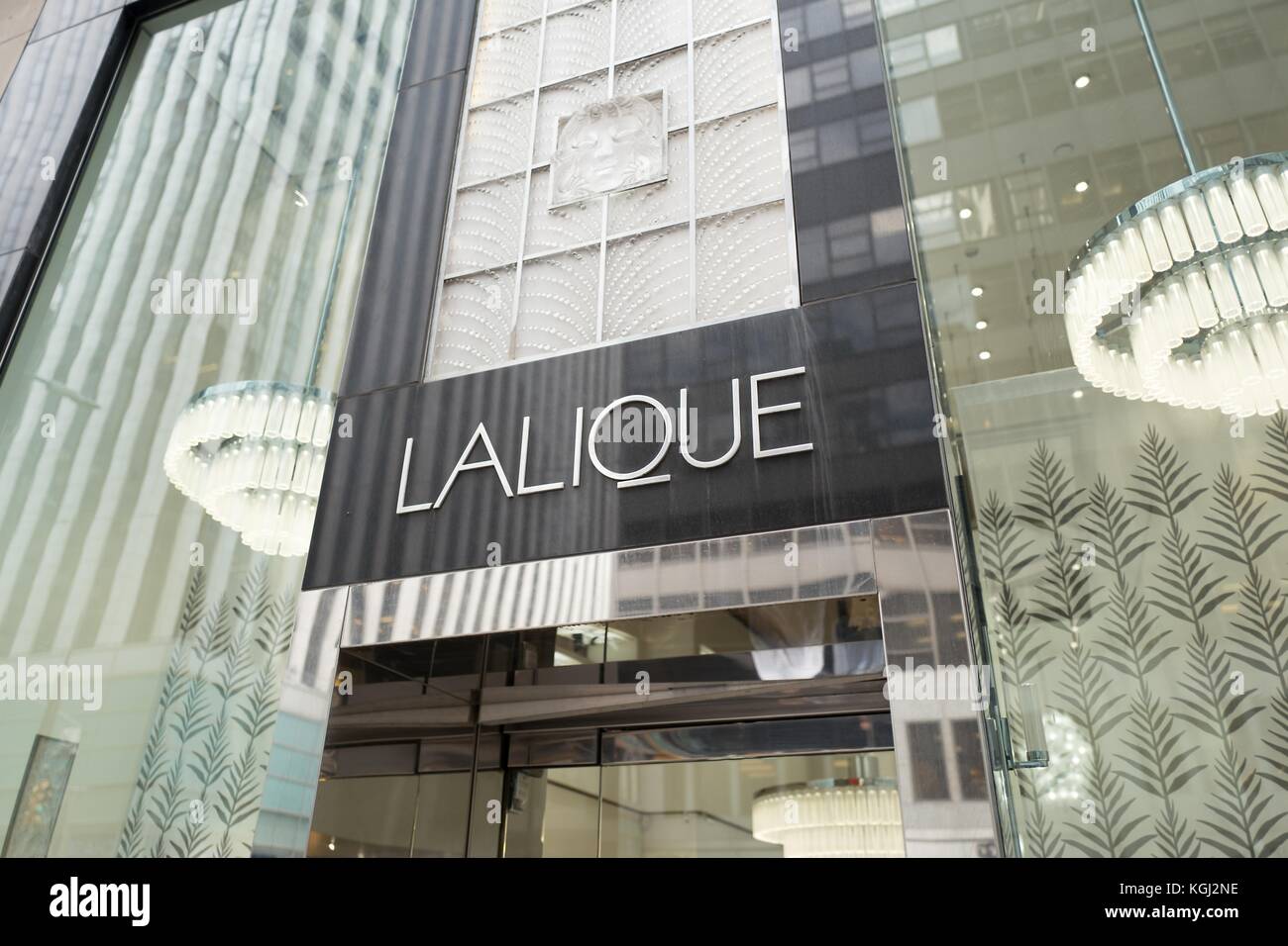 Facade with sign at the Lalique upscale home furnishings boutique on