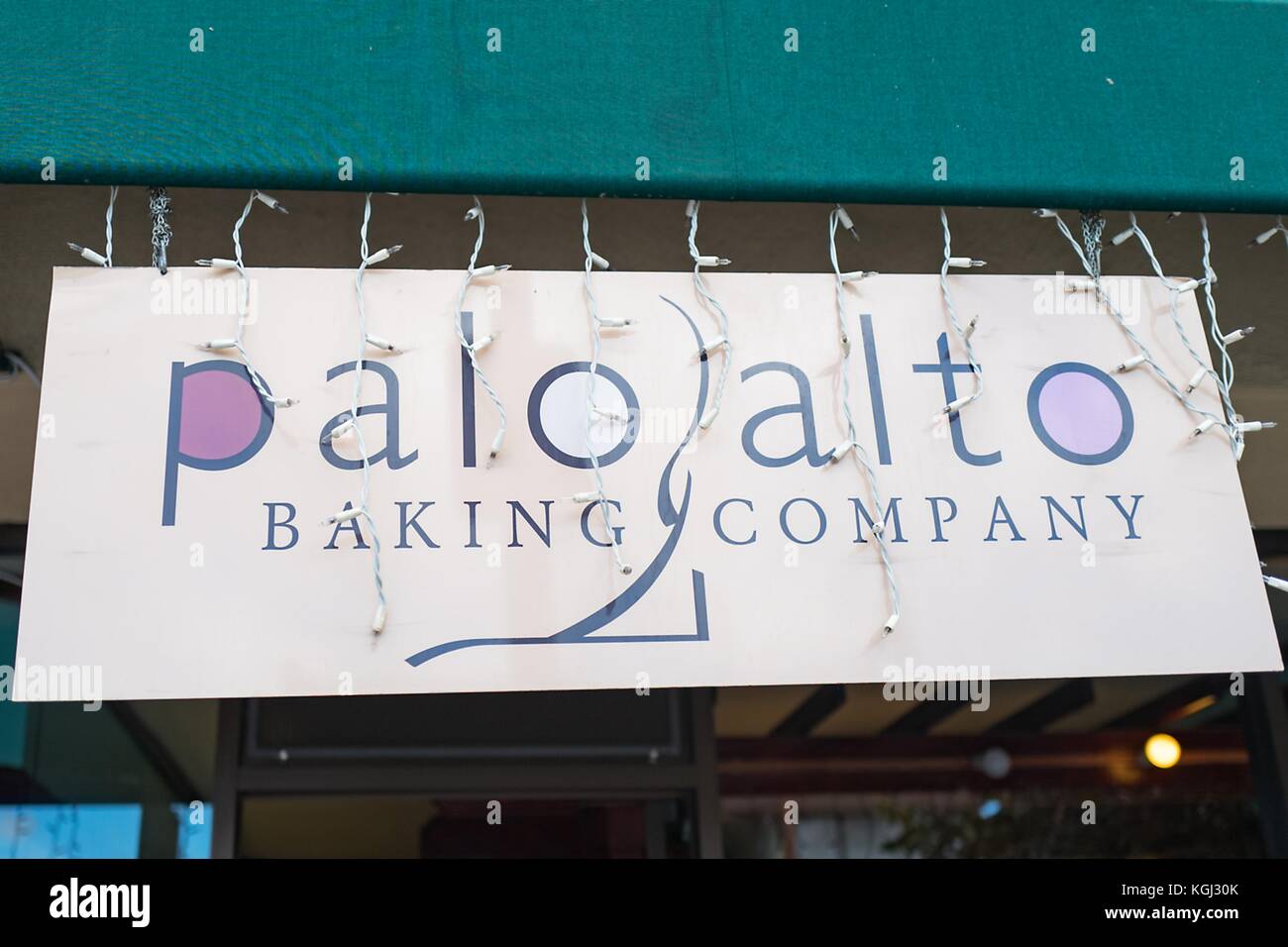 Sign for Palo Alto Baking Company, an upscale bakery in Silicon Valley, Palo Alto, California, September 20, 2017. () Stock Photo