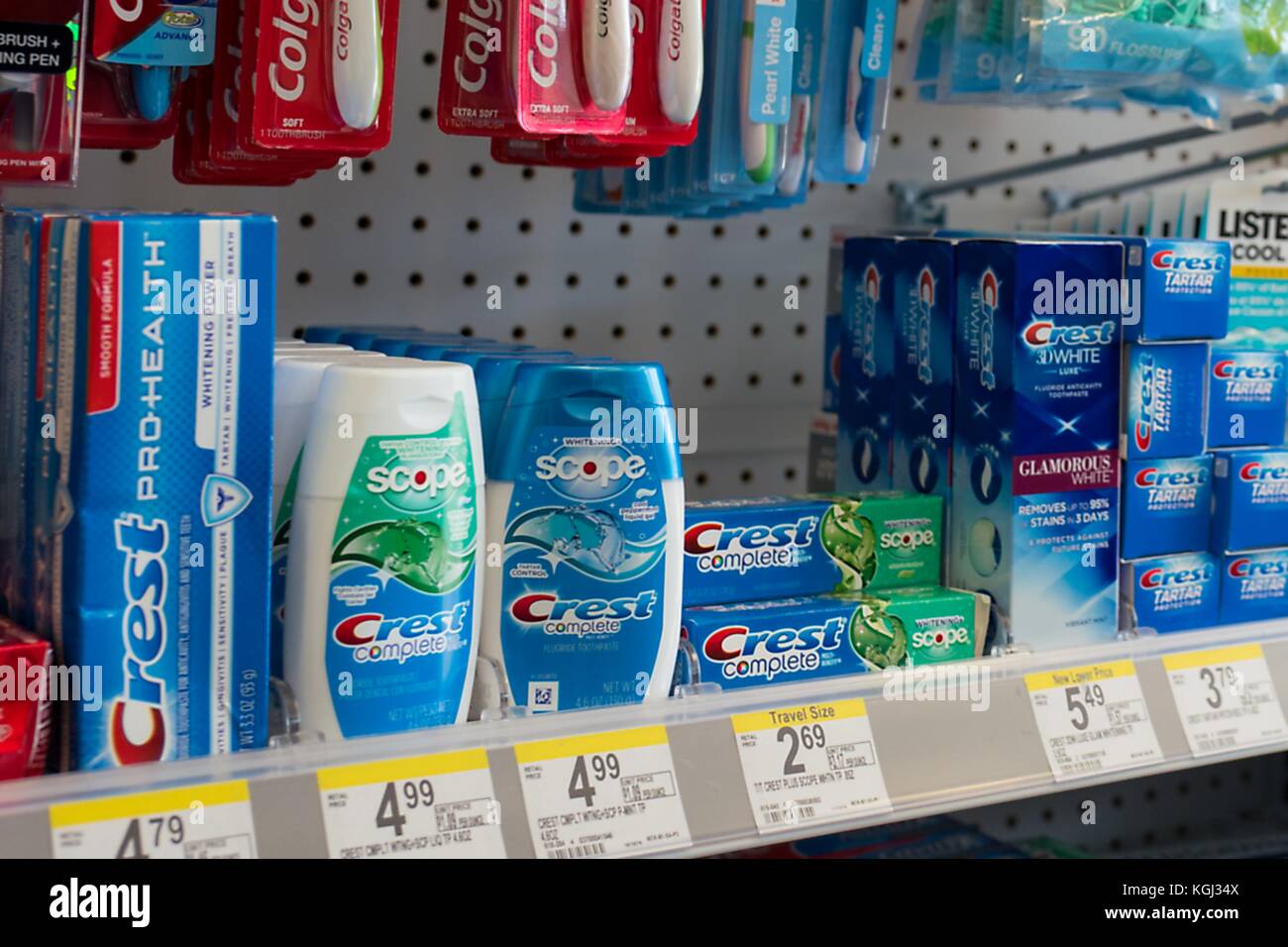 Close-up of various Crest dental care products, manufactured by American conglomerate Proctor and Gamble, on the shelves of a pharmacy in San Francisco, California, September 29, 2017. () Stock Photo