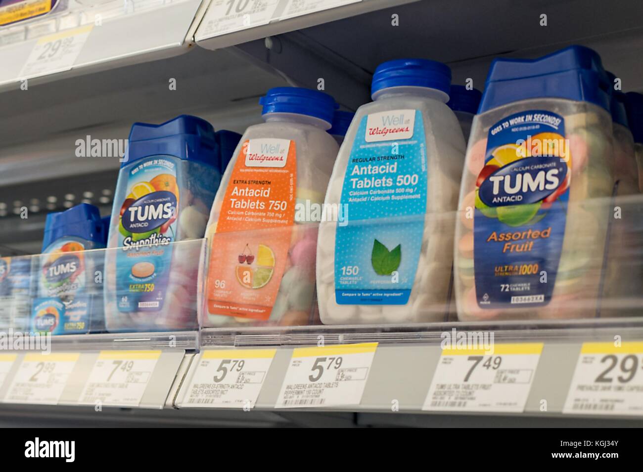 Close-up of various Tums (a product of pharmaceutical company GlaxoSmithKline) and generic antacids on the shelves of a pharmacy in San Francisco, California, September 29, 2017. () Stock Photo