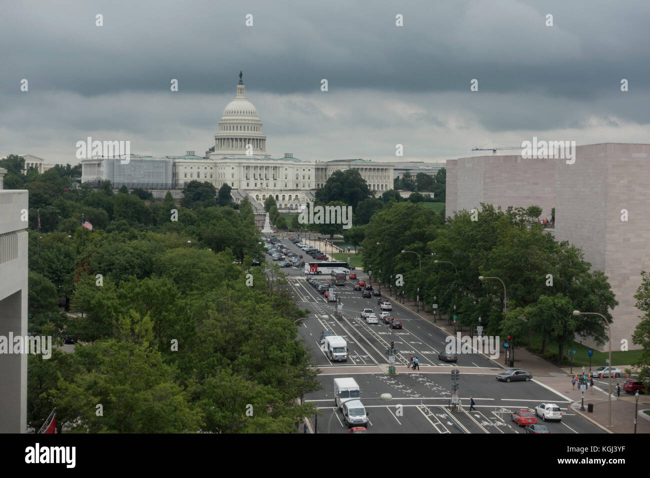 View up Pennsylvania Ave NW from the Newseum towards the Capitol Building, Washington DC, United States. Stock Photo