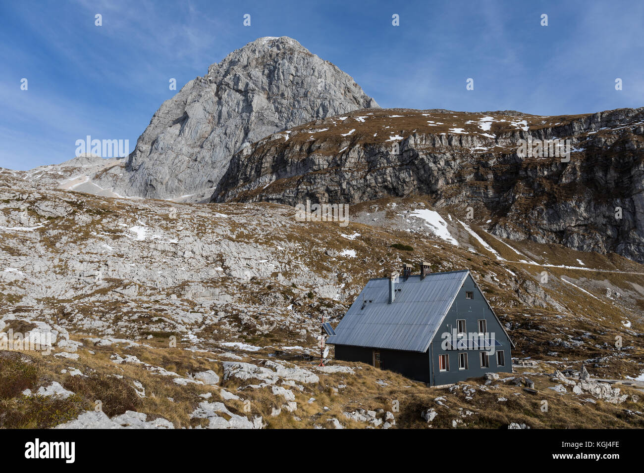 Mangart Saddle mountain hut, Julian Alps, Slovenia Stock Photo