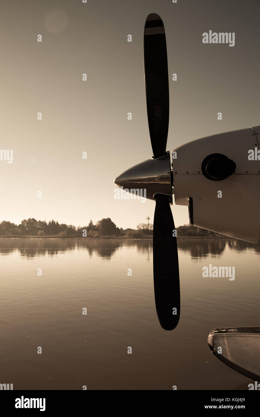 Airplane propeller closeup water surface copy space background Stock Photo