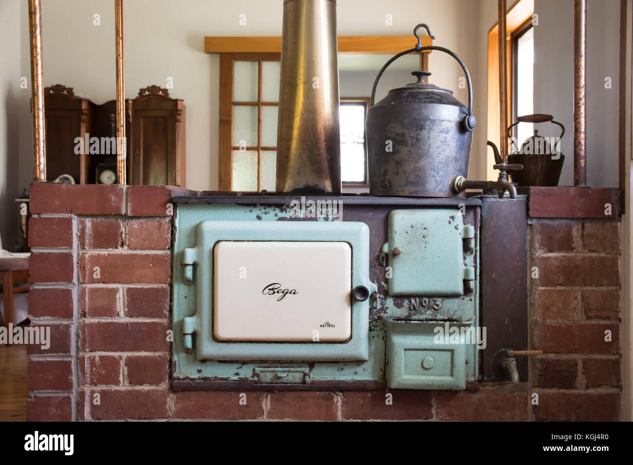 Metters No.3 cast iron wood stove and copper water heater. c1930s. Stock Photo
