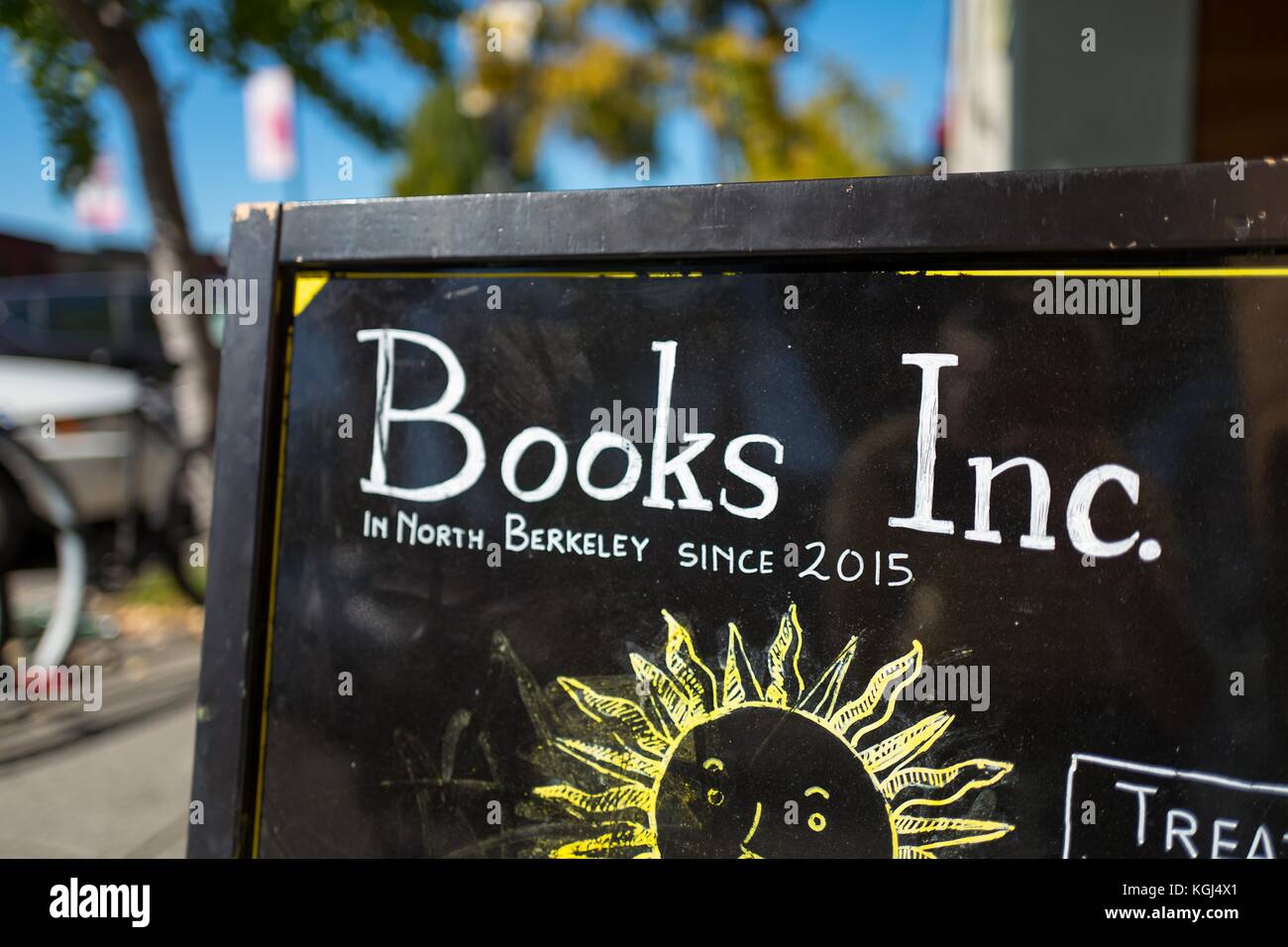 Close-up of sign for Books Inc, a popular independent bookstore chain in the Gourmet Ghetto (North Shattuck) neighborhood of Berkeley, California, October 6, 2017. () Stock Photo