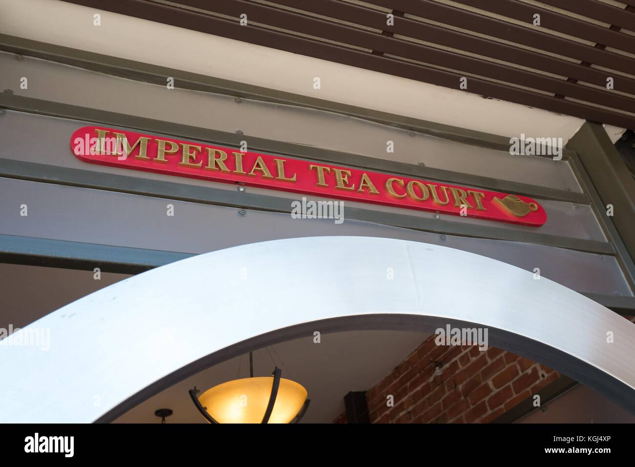 Archway and sign at the Imperial Tea Court, a popular public dining area in the Gourmet Ghetto (North Shattuck) neighborhood of Berkeley, California, October 6, 2017. () Stock Photo