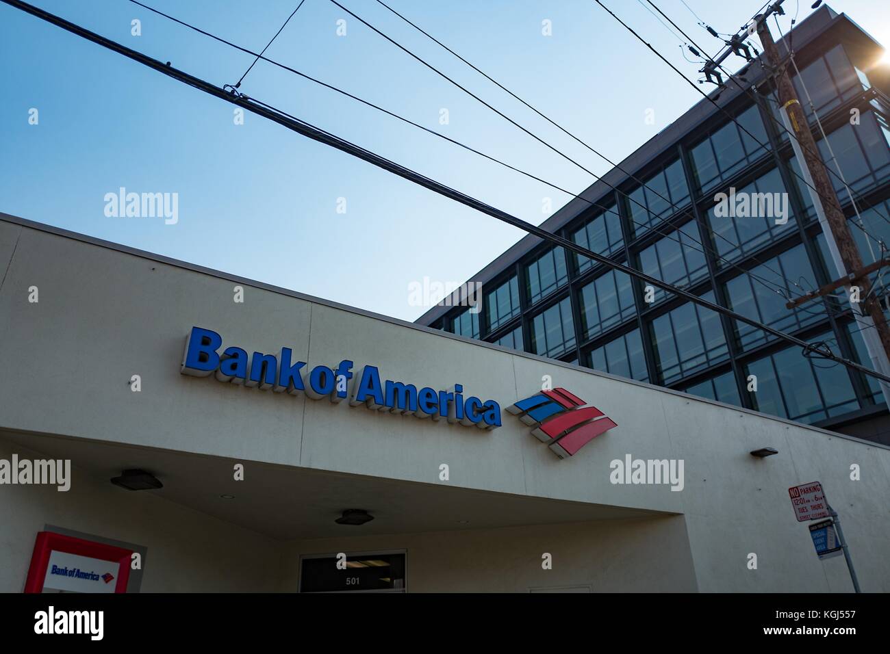 Sign on facade of the Bank of America branch in the South of Market (SoMa) neighborhood of San Francisco, California, October 13, 2017. SoMa is known for having one of the highest concentrations of technology companies and startups of any region worldwide. () Stock Photo
